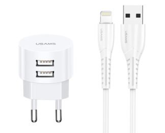 USAMS φορτιστής τοίχου T20 & καλώδιο Lightning, 2x USB, 2.1A, λευκός