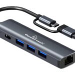 POWERTECH USB hub PTR-0150 με θύρα δικτύου, 4 θυρών, USB & USB-C, γκρι