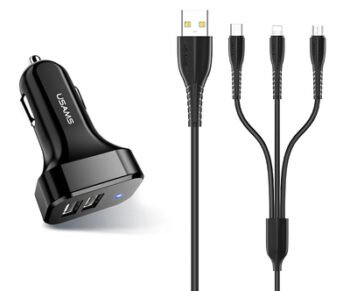 USAMS φορτιστής αυτοκινήτου C13 & καλώδιο 3 σε 1, 2x USB, 2.1A, μαύρο