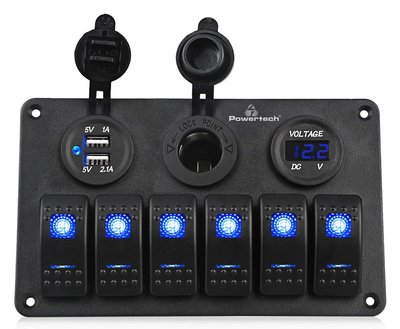 POWERTECH πάνελ σκαφών & οχημάτων PTL-020, πρίζα 12V/2x USB/6x διακόπτες