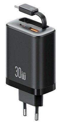 USAMS φορτιστής τοίχου CC296 με καλώδιο, USB & USB-C, 30W, μαύρος