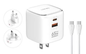LDNIO φορτιστής τοίχου Q2617 με καλώδιο USB-C, EU/UK/US βύσμα, USB/USB-C, 65W, GaN, λευκός