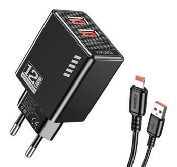 KAKUSIGA φορτιστής τοίχου KSC-1238 με καλώδιο Lightning, 2x USB, 12W, μαύρος