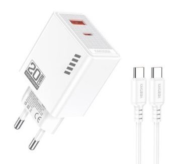 KAKUSIGA φορτιστής τοίχου KSC-1240 με καλώδιο USB-C, USB & USB-C, 20W, λευκός