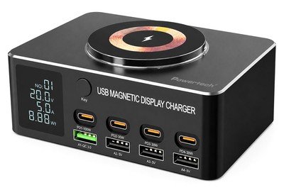 POWERTECH σταθμός φόρτισης PT-1625 με οθόνη, 4x USB/4x USB-C/wireless, 140W, μαύρος