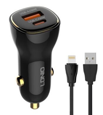 LDNIO φορτιστής αυτοκινήτου C103 με καλώδιο Lightning, USB/USB-C, 60W, μαύρος